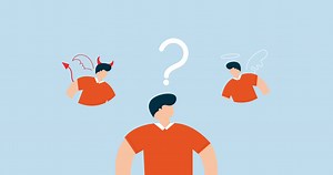 Download 4k animation of Dilemma or moral conflict. confused businessman choosing directions. for free