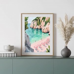 Coastal Wall Art Print Beach Landscape | Digital Mediterranean Seaside Painting | Pink Umbrella Beach Printable | Tropical Ocean Decor - Etsy