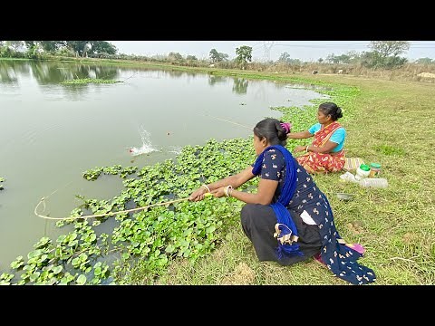Fishing Video🐬🐬| Amazing Two Village Women Hook Fishing in village pond | lady hook fishing #fishing