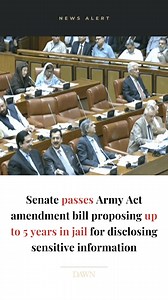 The Senate on Thursday passed a bill to amend the Pakistan Army Act 1952 which proposes up to five years in jail for anyone who discloses sensitive information pertaining to the security of the country or the Pakistan Army. The bill, titled “Pakistan Army (Amendment) Act, 2023”, was moved by Defence Minister Khawaja Asif. Read our full story for more details: https://www.dawn.com/news/1767084/senate-passes-army-act-amendment-bill-proposing-up-to-5-years-in-jail-for-disclosing-sensitive-informati