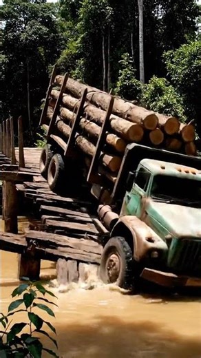 Massive Log Truck Destroys Wooden Bridge
