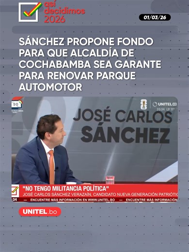 José Carlos Sánchez Verazaín, candidato a la Alcaldía de Cochabamba por el partido de Nueva Generación Patriótica, planteó sus propuestas para la gestión municipal, que incluye la creación de un Fondo de Garantía Municipal para que el sector transporte renueve su parque automotor. 📲 Más información en Unitel.bo #Unitel #AsíDecidimos #Cochabamba