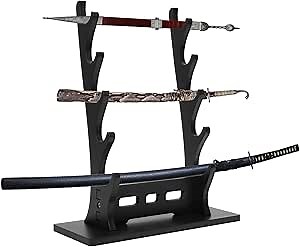 huyear 5 Tier Knife & Sword Display Stand Floor,Black Katana Sword Holder Table,Wood Samurai Sword Stand Rack Desktop for Weapon Blade Tanto Rapier Genji Hanging