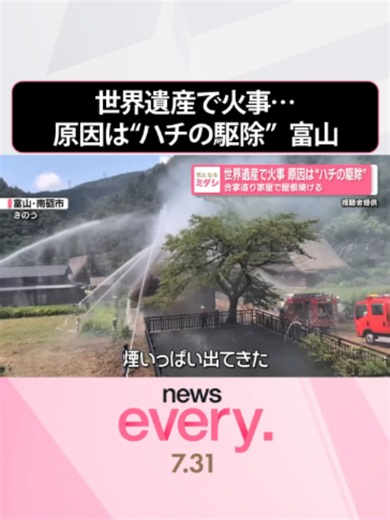 『news every.』の「ミダシ」が気になるニュース。「世界遺産で火事 原因は“ハチの駆除” #合掌造り家屋で屋根焼ける」についてお伝えします。#日テレnews #tiktokでニュース