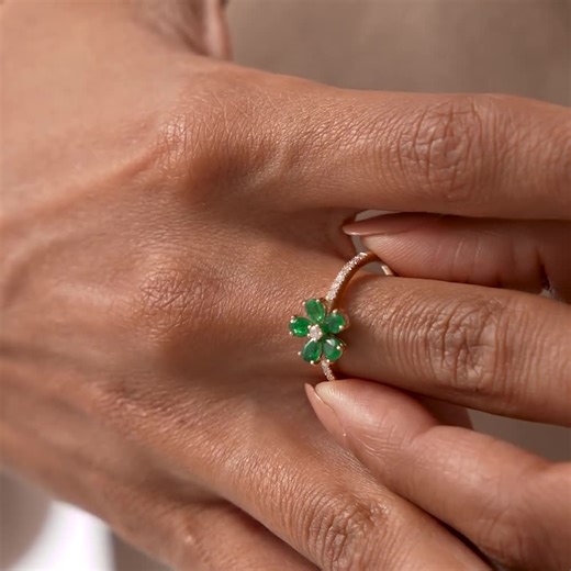 Emerald Ring, 14k Gold Four-leaf Clover Natural Emerald Ring With Diamond Center, Lucky May Birthstone Emerald Gemstone Ring, Gift for Her - Etsy