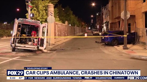 Stolen car hits ambulance, slams into building in Philadelphia