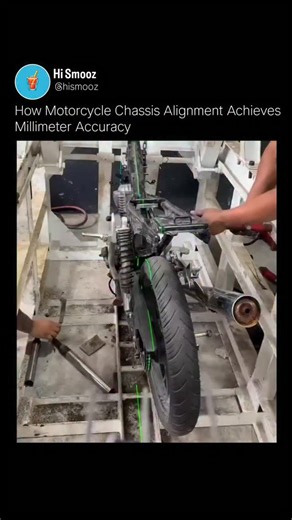 🥤 on Instagram: "A single misaligned degree can completely change how a motorcycle rides, handles, and wears over time. This process uses laser-guided reference lines, fixed jigs, and mechanical leverage to bring the frame, swingarm, and rear wheel back into perfect alignment. The green laser acts as a true centerline, revealing distortions invisible to the naked eye. Instead of replacing parts, technicians apply controlled force to realign the chassis itself, restoring factory geometry and str