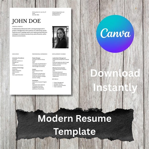 Classic Canva Resume Template Professional One Page Resume With Photo Editable Modern Clean CV Instant Download - Etsy Canada