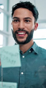 Planning, sticky notes and business man in office for brainstorming ideas, project agenda and teamwork. Corporate, thinking and person writing on glass in meeting for research, tasks and schedule Stock Video