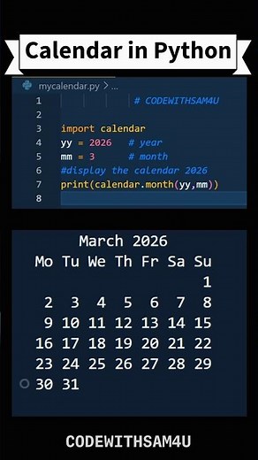 Calendar in python March 2k26. #coding #python #reels #calendar #2026 #march