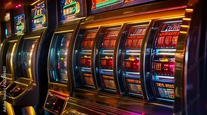 Video animation of row of colorful and illuminated slot machines in a casino, inviting players to try their luck.