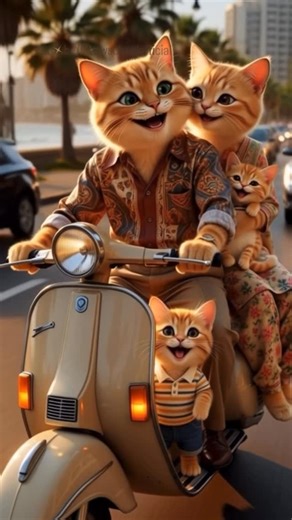 Meaw school on Instagram: "Pure joy on two wheels 🛵😻 Singing through the streets, shy smiles, and a family ride full of love & laughter. Happy ride. Warm hearts. Forever memories. happy family ride, cute cat family, joyful scooter ride, wholesome family moment, cinematic cat animation #HappyFamily #JoyfulRide #CuteCats #FamilyVibes #WholesomeMoments #StreetLife #VintageScooter #FeelGoodContent #CatLovers #AIArt #CinematicVibes #saiyaara❤️ #saiyaara"