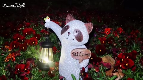 Raccoon Garden Statue with Solar Lantern, Cute Raccoon Figurine Light with Welcome Sign and Bird for Outdoor Patio Balcony Yard, Unique Resin Statue for Mom Grandma Women