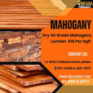 Get Quality Mahogany Lumber for $16/sqft! ✨ Perfect for your next project. Plus, get FREE delivery on orders $3000 ! 🛠️ Build with the best. 📲 (868) 307-6699 or 229-7875 📍LP #35 O’meara Road, Arima. #MahoganyWood #QualityLumber #woodworking #HomeRenovation" | O'Meara Sawmill Outlet