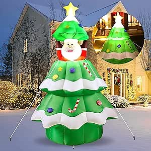 6Ft Inflatable Christmas Tree with POP-UP Santa Outside Led Lighted Christmas Tree Fun Christmas Blow Up Yard Decorations for Outdoor Indoor