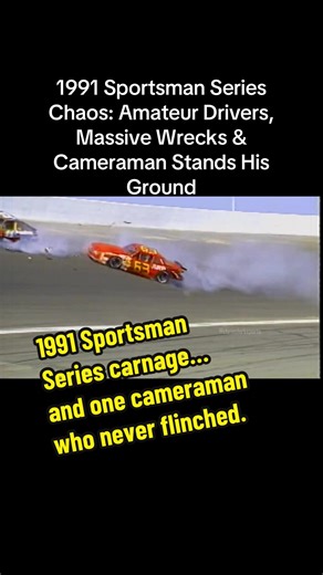 The 1991 NASCAR Sportsman Series featured intense short-track racing with many amateur drivers battling for position — and often losing control. The result was a race packed with spins, crashes, and dramatic moments. Amid the chaos, one trackside cameraman showed incredible composure, holding his position as wrecked cars slid dangerously close. The moment captured both the unpredictable nature of grassroots stock-car racing and the fearless dedication of local TV crews documenting the action. #N