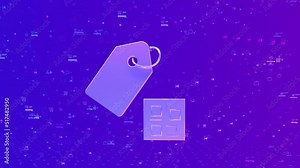 A tag symbol from a thing in the information space, a gradient color in purple pink, a holographic tag icon. Signs and symbols in space.