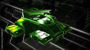 Hologram of a military tank with lasers passing through the cyber world. Animation of the Hologram Tank with lasers moving through the digital space. Hologram of a tank with lasers in Virtual Reality.