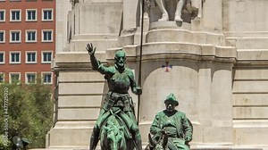 Stone sculpture of Miguel de Cervantes timelapse hyperlapse and bronze sculptures of Don Quixote and Sancho Panza