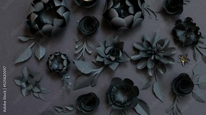 Black paper flowers on Black background. Cut from paper. Wallpaper template