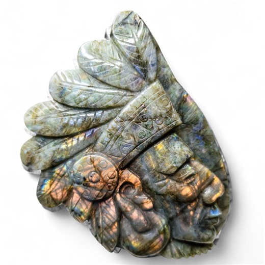 Flashy Sunset Labradorite Indian Chief Carving | 5" Freestanding Crystal Sculpture | 1.3lb Hand Carved Gold & Orange Flash Labradorite - Etsy