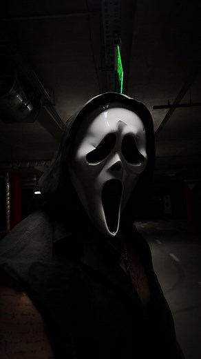 Ghostface Inspired Character in Dark Garage Scene