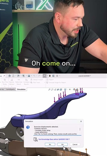 That “Excessive Displacements detected” warning stopping your @solidworks Simulation? Before assuming your model is broken, there’s one quick check you should always try first. Brandon walks you through it in this tip 👀