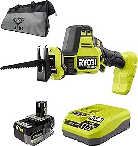 Brushless Compact Reciprocating Saw Bundle with Ryobi Saw, Battery, Charger, and Buho Tool Bag. High Performance 18-Volt Cordless, One Handed Operation