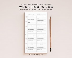 PERSONAL SIZE // Work Hours Log Printable Planner Insert, Hours Worked, Weekly Work Hours Tracker, Work Time Tracker, Time Spent, Minimal