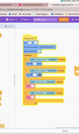 Programa con Scratch un objeto que lanza rayos laser hasta tocar las paredes como si fuera un sonar