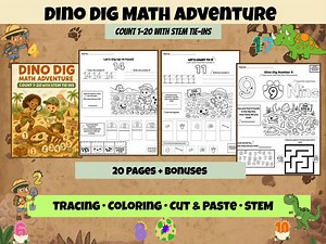 Dino Dig Math Worksheets 1–20 | Dinosaur Preschool Counting Pack | STEM Activities | Number Tracing Printable | Cut & Paste Dino Fun - Etsy Canada