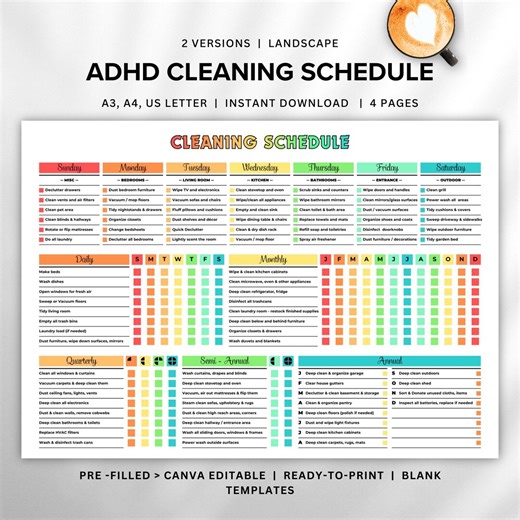 Editable ADHD Cleaning Schedule Checklist A4 A3 Letter Printable Daily Weekly Monthly Yearly Family Adult Kids Chore Chart PDF - Etsy