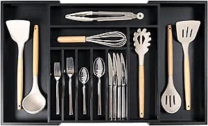 KitchenEdge Premium Silverware, Flatware and Utensil Organizer for Kitchen Drawers, Food-Safe Contract Grade, Expandable from 16 to 28 In, Black Bamboo