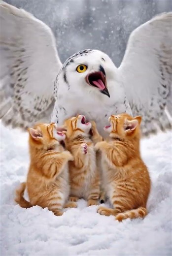 This Snowy Owl Adopted 3 Ginger Kittens?! 😭🧡 #shorts #cutecats #kitten #cuteanimals