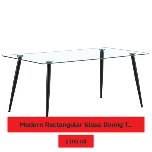 Transform your dining experience with a touch of elegance! ✨ Introducing our Modern Rectangular Glass Dining Table, perfectly designed for cozy dinners or lively gatherings with 4-6 loved ones. 🍽️❤️ With a stunning tempered glass top that captures the light and chic black metal legs, this table effortlessly blends style and functionality. Impress your guests and create beautiful memories around its sleek silhouette! 🖤 Act fast—this stunning centerpiece is just $163.88 and won't last long! ⏳ #D