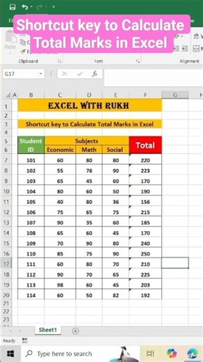 Use Shortcut key of Sum function to Calculate Total Marks in Excel #excel #excelshorts #shortcutkeys
