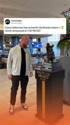 Corey Hetherman has arrived at the Broyles Award 👀🏆 Winner announced tonight at 7:30 PM EST. Let’s bring it home, Coach! 🙌🟠🟢 #miamihurricanes #gocanes #theu #instagood #viral | CanesInSight