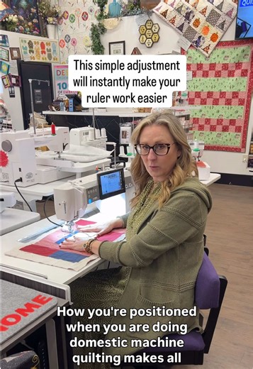 If you don’t have an adjustable chair in your sewing room yet, you need one! Your angle and height can make all the difference when machine quilting. You want to be above your table height for greatest control. We love these hydraulic chairs from @Arrow Sewing and recommend them to every quilter! They are 25% off right now, and there are different colors and designs to choose from. View all the options on our website! Mendedheartsquilting.com #SewingChair #MachineQuiltingTips #RulerWork #RulerWo