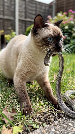 Cat catches snake