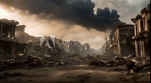 The ruins of a war-torn city, with crumbling buildings, shattered windows, and twisted metal