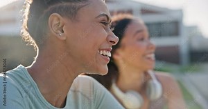 Fitness, conversation and girl friends laughing for a comic or funny joke after an outdoor workout. Gen z, smile and happy young women talking, bonding and relaxing after sports training or exercise.