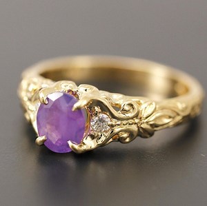 Hand Engraved 14k Gold Purple Sapphire Ring: Leaf Scroll Design - Etsy