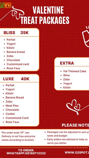 This Valentine’s season, go beyond words and send a reminder that says “I thought about you.” At O2 Spot Treats, Umuahia, we’ve carefully created our Valentine Package to help you express love effortlessly. Whether it’s for your partner, sister, brother, friend, crush, or mentor, these packages are designed to warm hearts and create unforgettable moments. And the best part? We can customize your package to fit your taste and budget. Book early to save yourself stress and extra charges from last-