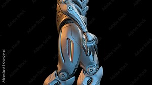 Futuristic robot man walk cycle or humanoid cyborg walking in loop. 3d rendering animation of the full body animated from the bottom to the top. Side view isolated on black background with alpha