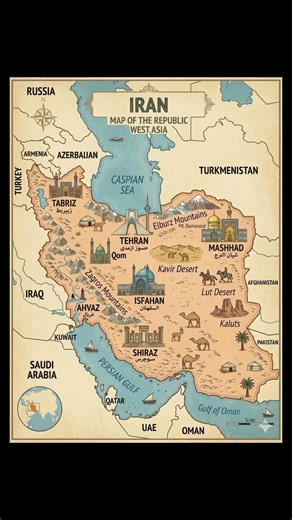 Iran illustrated map of West Asia with cities mountains deserts seas 🇮🇷 #persiangulf