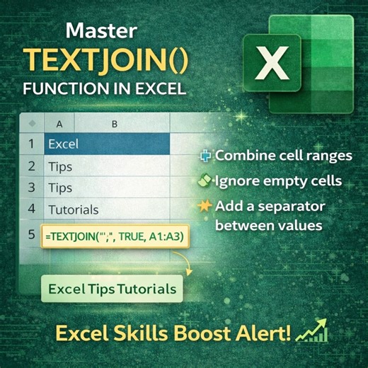 🧠✨ Still using CONCAT the hard way? Upgrade to TEXTJOIN! The TEXTJOIN() function in MS Excel lets you: ✔ Combine multiple cells instantly ✔ Add separators like commas or spaces ✔ Ignore empty cells automatically 📌 Example: =TEXTJOIN(", ", TRUE, A1:A3) Clean. Smart. Efficient. 🚀 If you work with names, lists, reports, or dashboards — TEXTJOIN is a game changer! 👉 Have you used TEXTJOIN before? Comment YES or NO below 👇 #ExcelTips #MSExcel #ExcelFunctions #TEXTJOIN #ExcelLearning #DataSkills 