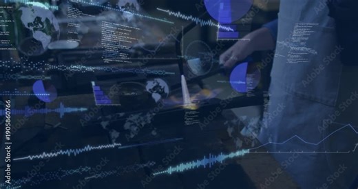 Woman cook torching pan for browning at stove, using torch while tech overlays charts, code growing