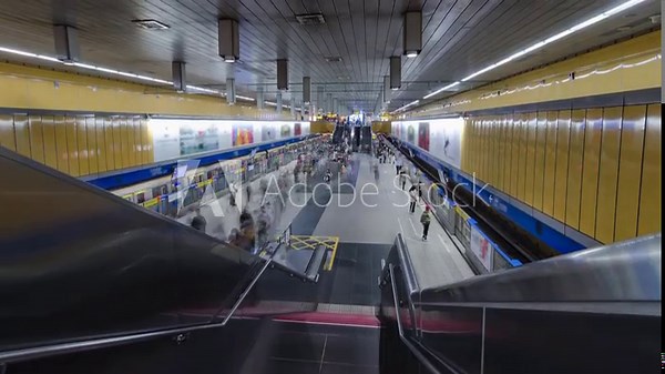 top down timelapse view of crowded passenger get on and get off from subway train while train arrive and depart from platform subway in rush hour.Timelapse people at taipei underground station