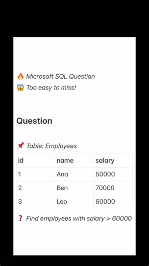 Data Career Buddy | ML & AI on Instagram: "Easy SQL questions like this are actually asked at Microsoft 💻 If you’re preparing for tech interviews, placements, or just starting with SQL, don’t skip the basics. In this reel, you learned: ✔️ How `SELECT` works ✔️ How `WHERE` filters data ✔️ How Microsoft checks SQL fundamentals 💡 Remember: 👉 Easy questions = free marks 👉 Strong basics = confidence in interviews 📈 This is part of my SQL Series where I break down: • Interview questions • Beginne