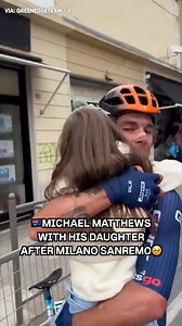 Michael Matthews with his daughter after finishing second at #MilanoSanremo 🥹❤️ | NBC Sports Cycling